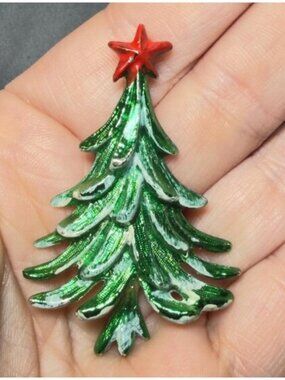 Vintage Christmas Tree Brooch Green Enamel Holiday Pin Red Star  2.25"